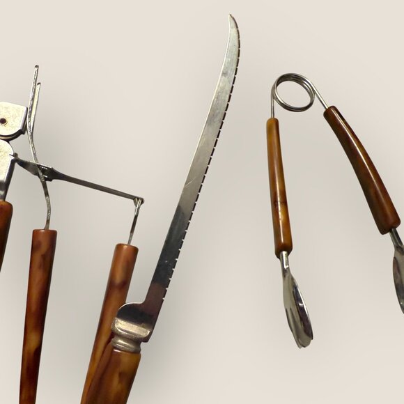 Vintage Brown Bakelite Utensil Set 1950s Tongs Knife Sharpener Fork - Picture 11 of 13